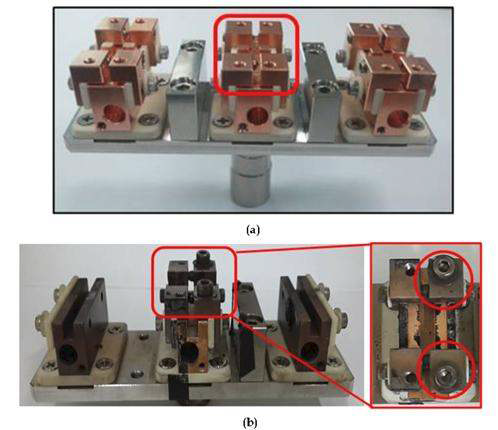 온도 및 전류인가에 따른 복합물성 실험을 위한 in-situ SEM system의 홀더의 열전도도 및 접촉저항 개선 : (a) 개선 전의 홀더 사진, (b) 개선 후의 홀더 사진