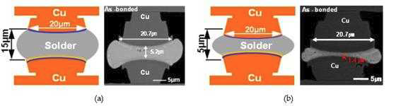 (a) Cu/Ni/Sn-Ag 시편 모식도 및 실제 완성된 시편의 단면 SEM 이미지, (b) Cu/Sn-Ag 시편 모식도 및 실제 완성된 시편의 단면 SEM 이미지