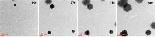 Liquid cell로 ZnO 나노입자의 in-situ 성장 이미지. Silicon nitride window 를 이용