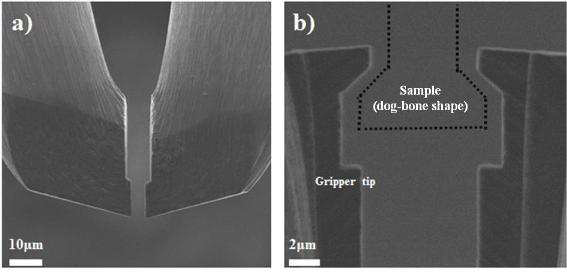 집게 구동부의 적용 (a) 편평한 접촉부의 나노소재용, (b) Dog-bone shape의 시편용