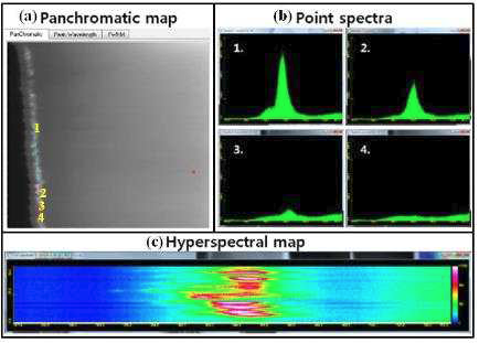 음극형광 홀더 소프트웨어를 활용한 분석 (a) Panchromatic map, (b) Point spectra, (c) Hyperspectral map