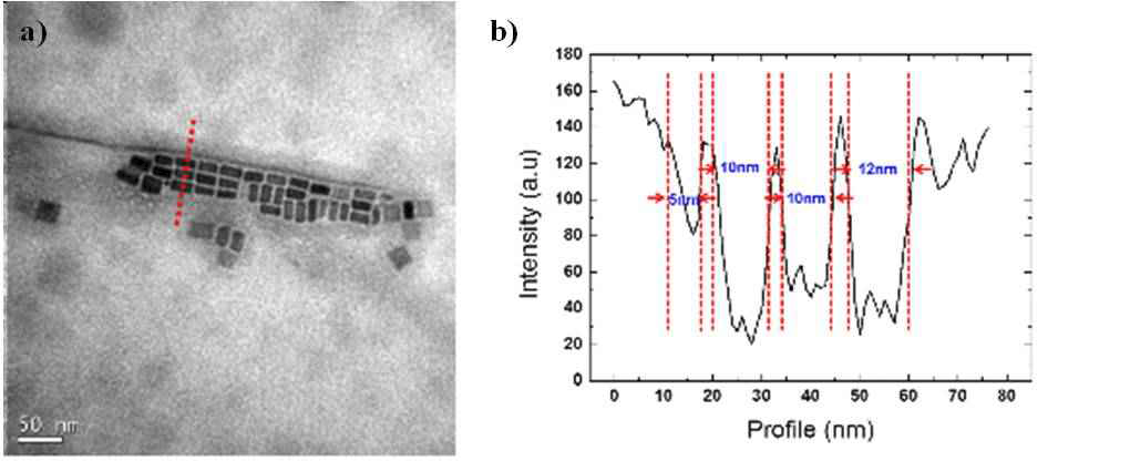 분해능 평가 (a) Mn3O4 나노입자 분포 이미지 (b) (a)의 붉은 점선을 따르는 line profile; 10nm 수준의 Mn3O4 나노입자의 크기 구분