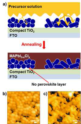 (a) 중공구조 SiO2 구형 나노입자와 나노막대 위 페로브스카이트층 코팅과정의 차이를 나타낸 도식과 (b,c) 중 공구조 SiO2 구형 나노입자와 나노막대의 입자 사이 형성된 공간 비교.