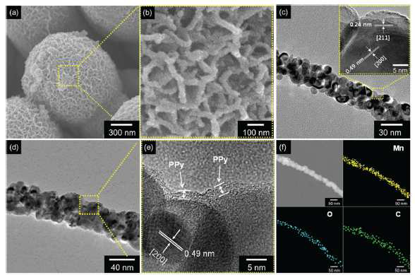 이산화망간에 폴리 피롤을 코팅했을 때의 SEM과 TEM , 그리고 원소별STEM 사진