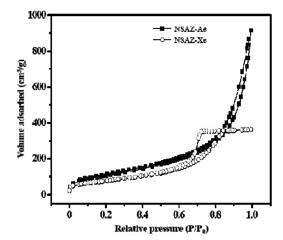 NSAZ-Ae 및 NSAZ-Xe 촉매의 질소 흡탈착 곡선