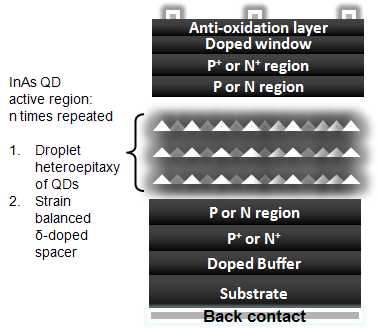 MVSQNS active layer와 strain balanced δ-doped fence barrier 구현이 이 프로젝트의 핵심적인 부분이며, MVSQNS array는 droplet assisted homo- & hetero-epitaxy 및 strain balanced δ-doped spacer와 함께 active region에 형성