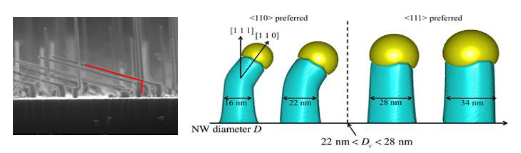 실험 (왼) 에서와 마찬가지로 나노와이어의 지름이 작을 때 자발적인 꺾임이 발생함을 확인