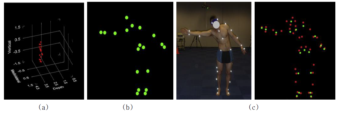 (a) Kinect for windows 모델과 SDK(software development kit)를 이용해, Skeletal 데이터를 PC로 전송, (b) 전송된 3차원 데이터를 저장 (깊이와 RGB 데이터, skeletal 데이터에 의해 산출된 관절 중심 데이터), (c) 3차원 동작분석기의 마커궤적 및 관절중심 비교