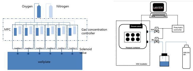 2차년도 개발된 산소압 조절 시스템(좌)과 한쌍의 MFC와 LabVIEW system에 의해 제어되는 산소압 조절 시스템(우)