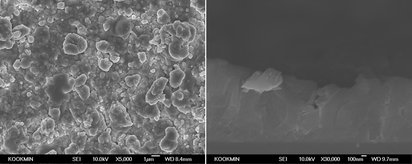 업컨버전의 기판의 전자 현미경 표면 사진(좌) 및 단층사진(우)