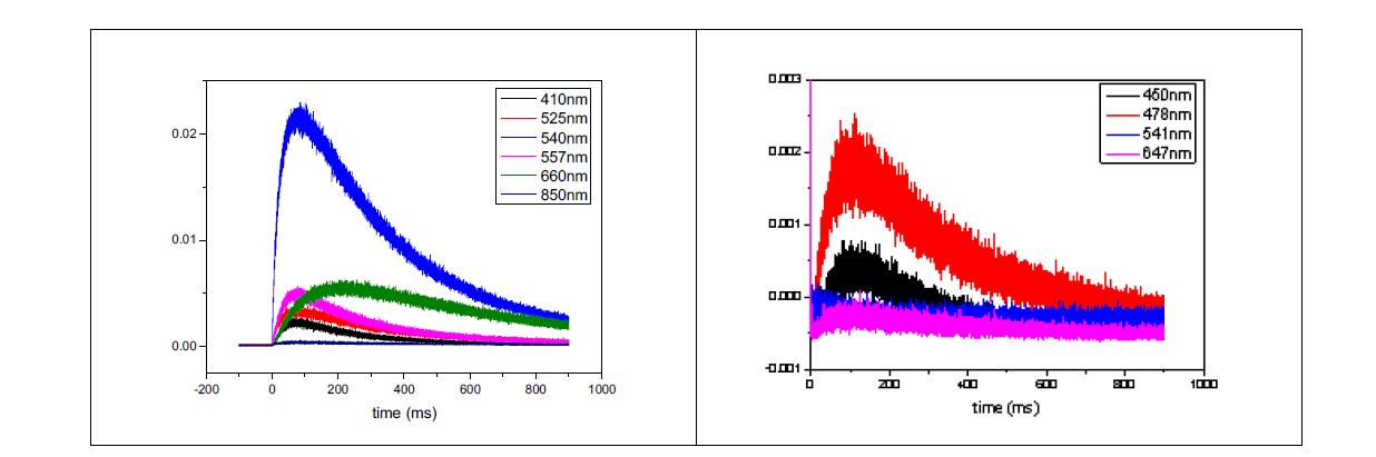 green upconversion 과 blue upconversion 물질의 time-resolved spectrum