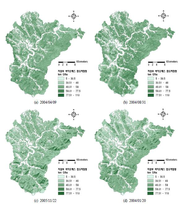 계절변화에 따른 단양군 지역의 바이오매스 탄소분포지도