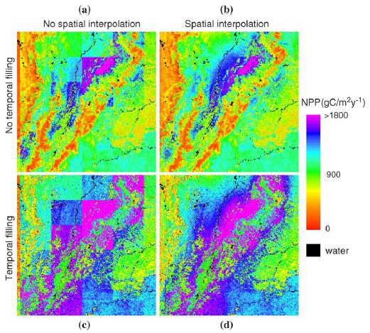 공간 내삽 적용 및 비적용과 FPAR 자료의 시계열 내삽 적용 및 비적용에 대한 영향의 예시