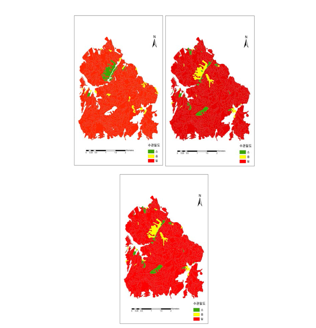 임상도 상의 수관밀도 분포(좌상단), 라이다 포인트 기반 수관밀도 추정 결과 재분류(우상단), 그리고 CHM 기반 수관밀도 추정 결과 재분류(하단)의 비교