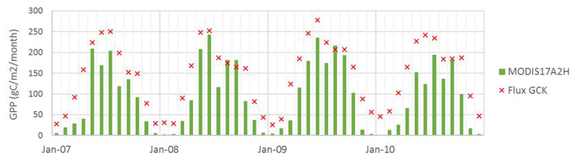 GCK 경기 포천 플럭스 타워의 GPP와 MODIS GPP 간의 차이.