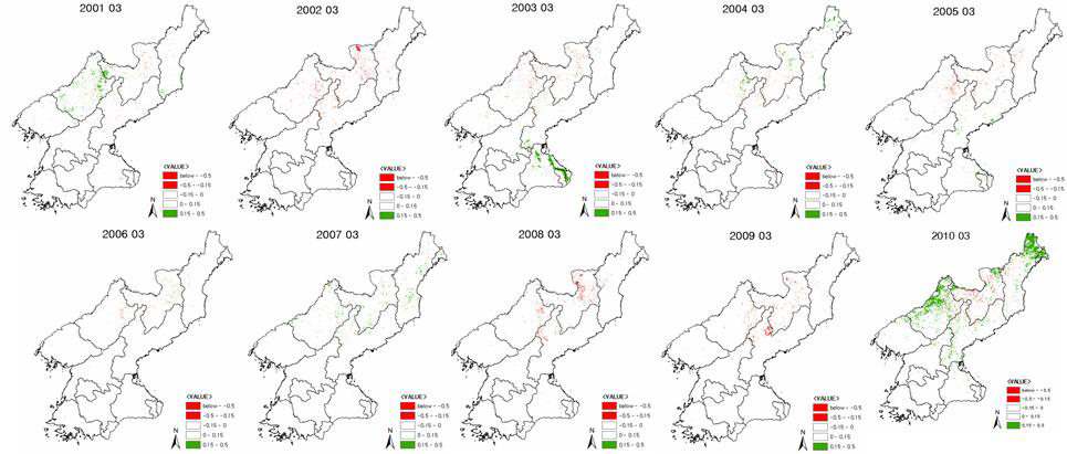 Change Anomaly Map: 2001년~2010년 3월의 NDVI 변화량 분석결과