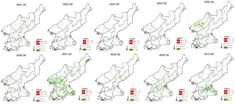 Change Anomaly Map: 2001년~2010년 8월의 NDVI 변화량 분석결과