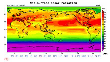1981-2010년 기간의 7월 평균 태양복사에너지 예시