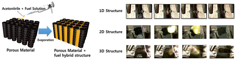 습식 탐침법(Wet Impregnation Method)을 이용하여 나노튜브 개별 표면에 화학 연료가 코팅되어 있는 복합구조체 제작 개략도