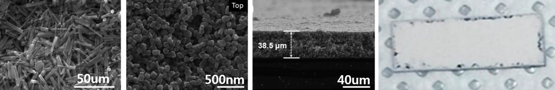 Nanorod 형태와 Nanoparticle 형태의 아연 산화물(Zinc Oxide) (좌), 박막(Film)형태로 증착 시킨 아연 산화물의 주사형전자현미경과 실제 이미지 (우)