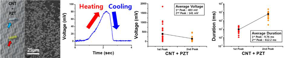 CNT-PZT/열전-초전 복합 나노 구조, (중)표면 온도 변화에 따른 CNT-PZT 초전기 생성양상 (좌),CNT-PZT 복합 나노 구조에서의 열동력 파도 전기 에너지 생성 및 에너지 생성 시간 그래프 (우)