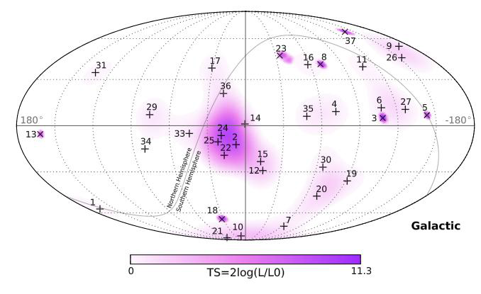 IceCube skymap of high energy neutrino candidate events [11,12]