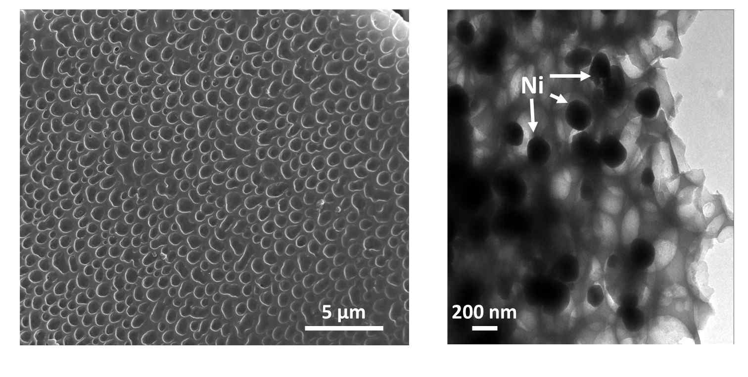 다공성 벤족사졸 고분자의 SEM 이미지(좌) 와 니켈이 함침된 벤족사졸 고분자의 TEM 이미지(우).