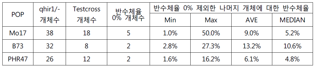 집단별 testcross 실시 후 반수체율