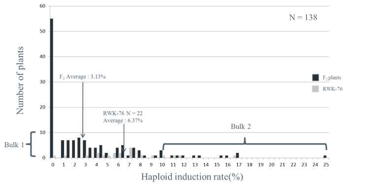 Testcross를 통해 측정한 F2 개체의 반수체유도율의 빈도분포도
