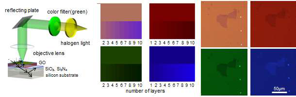 필터적용을 위한 모식도(왼쪽), 색깔 시뮬레이션 결과(가운데), 광학현미경 이미징 결과(오른쪽)