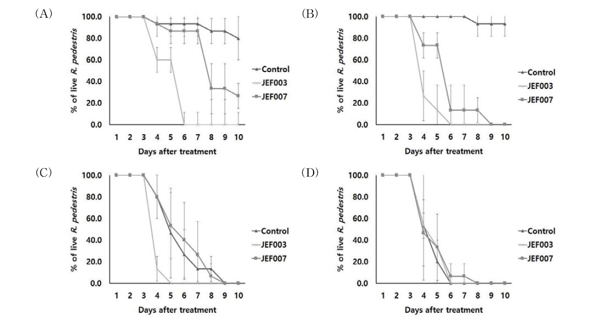 Beauveria bassiana JEF007, Metarhizium anisopliae JEF003의 온도에 따른 톱다리개미허리노린재의 살충 효과 검정. (A), 20℃; (B), 25℃; (C), 30℃; and (D), 35℃