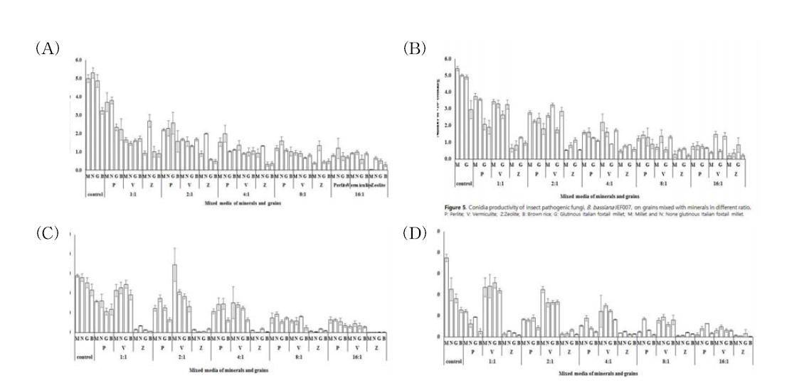 다른 비율로 혼합된 곡물+광물에 배양된 균주의 포자 생산성. (A), Beauveria bassiana ERL836; (B), B. bassianaJEF007; (C), Metarhizium anisopliae JEF003; (D), M. anisopliae JEF004