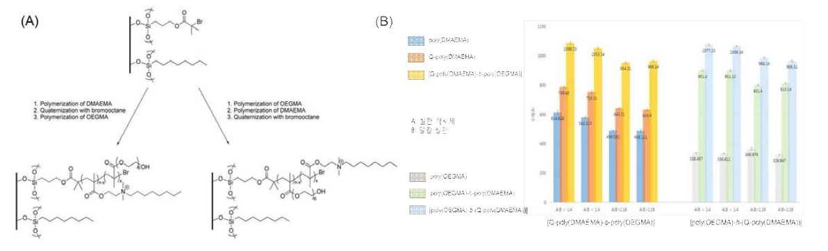(A) 이중 기능성 표면을 제작한 과정, (B)이중 기능성 표면을 구성하는 각 고분자 박막의 두께 분석 결과