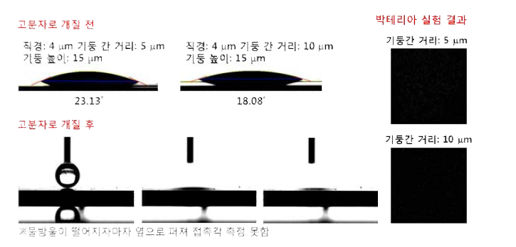 Poly(MPDSAH)로 개질하기 전/후의 마이크로 구조체의 물 접촉각 변화 및 박테리아 실험 결과