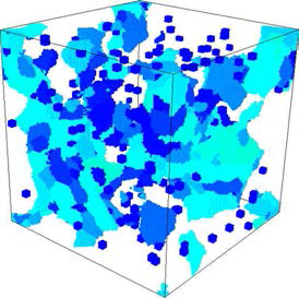 Intermediate step in the simulation, showing deformed grains and particles