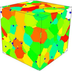 Intermediate step in the simulation, showing the recrystallized grains and particles