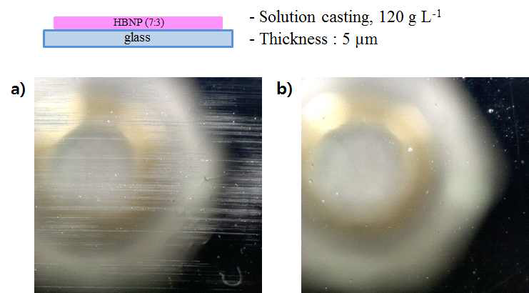 HBNP 7:3 코팅 (thickness : 5 ㎛)의 광학현미경 사진 a) 치유 전 b) 치유 후
