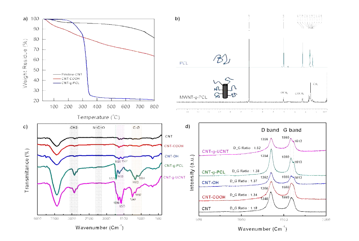a) CNT의 TGA 그래프 b) CNT-g-PCL의 NMR 스펙트럼 c) CNT의 FT-IR 그래프 d) CNT의 RAMAN 그래프