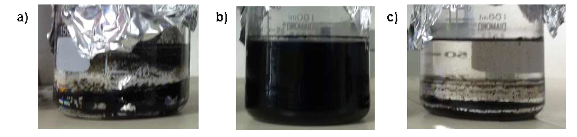 Chloroform 용매에 분산액 1주일 방치시 a) CNT b) CNT-g-PCL c) CNT-g-UPCL 혼합액의 이미지