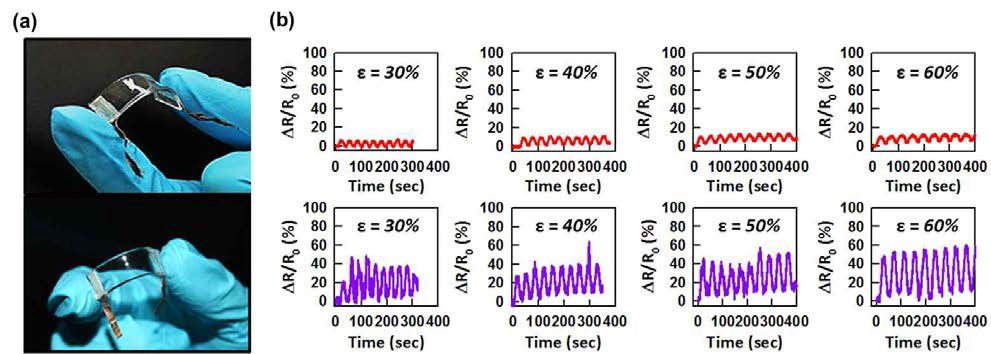 (a) 유연성이 높고 투명한 탄소나노튜브-PDMS nanocomposite strain 센서 사진. (b) 탄소나노튜브 밀도가 다른 탄소나노튜브-PDMS nanocomposite strain 센서의 시간에 따른 저항변화, 즉 스트레인 감도: (빨간색) 탄소나노튜브 밀도가 낮은 경우