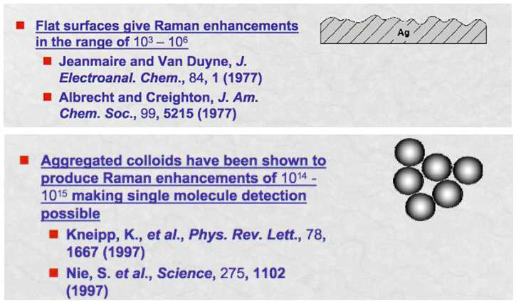표면 증강 라만 현상의 최초 보고 (1977년) 및 단일 분자 검출 가능성의 제시 (1997년)