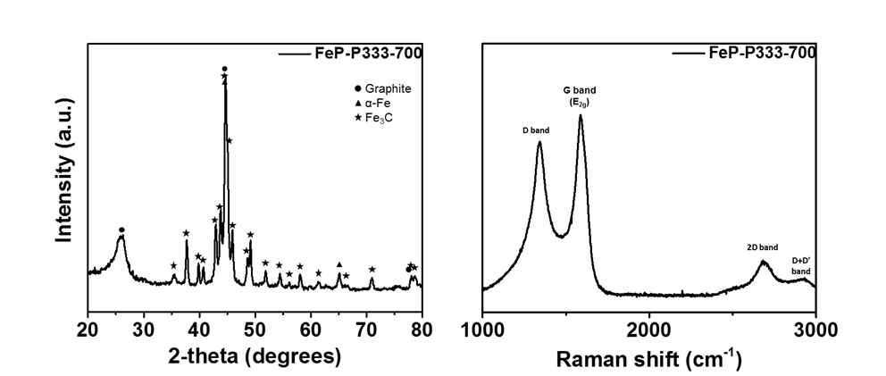 FeP-P333-700의 PXRD 결과 (좌)와 Raman spectra (우)