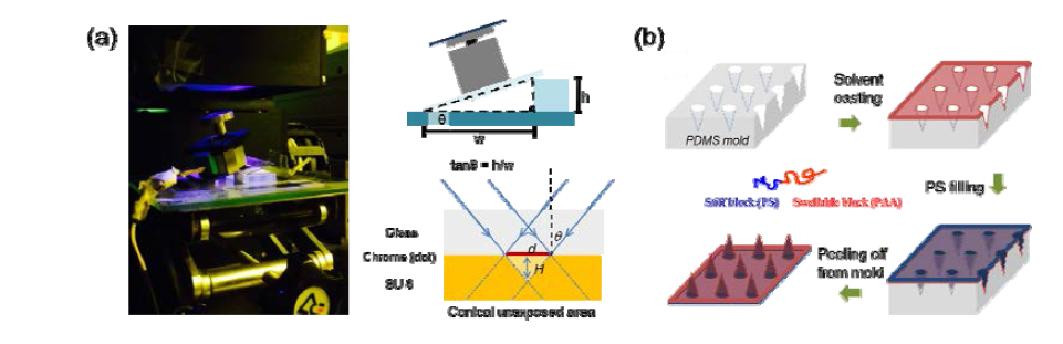 (a) 자체 제작한 회전 stage와 inclined UV exposure set-up (왼쪽) 및 Inclined UV 조사에 의 한 원뿔형 구멍의 제조를 보여주는 모식도 (오른쪽), (b) 이중구조를 가진 마이크로바늘 접착제의 제조 과정을 보여주는 모식도