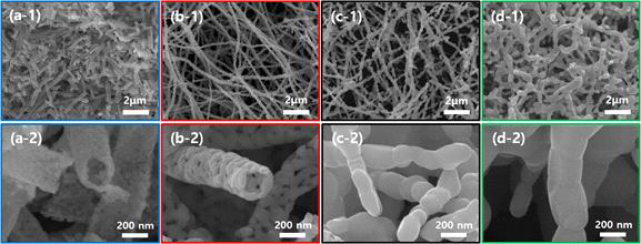 소결 후의 0.1 M SSC 나노섬유 SEM 이미지 (위) 저배율, (아래) 고배율 (a) 700℃, (b) 800℃, (c) 900℃, (d) 1000℃