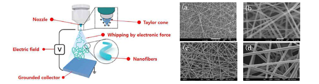 정전기젯 프린팅 기법 모식도 [1], (a),(b) PAN 나노섬유, (c),(d) PVP 나노섬유