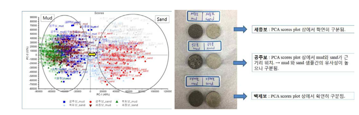 금강 퇴적물 샘플의 PCA score plot(좌)과 퇴적물의 특성 비교(우)