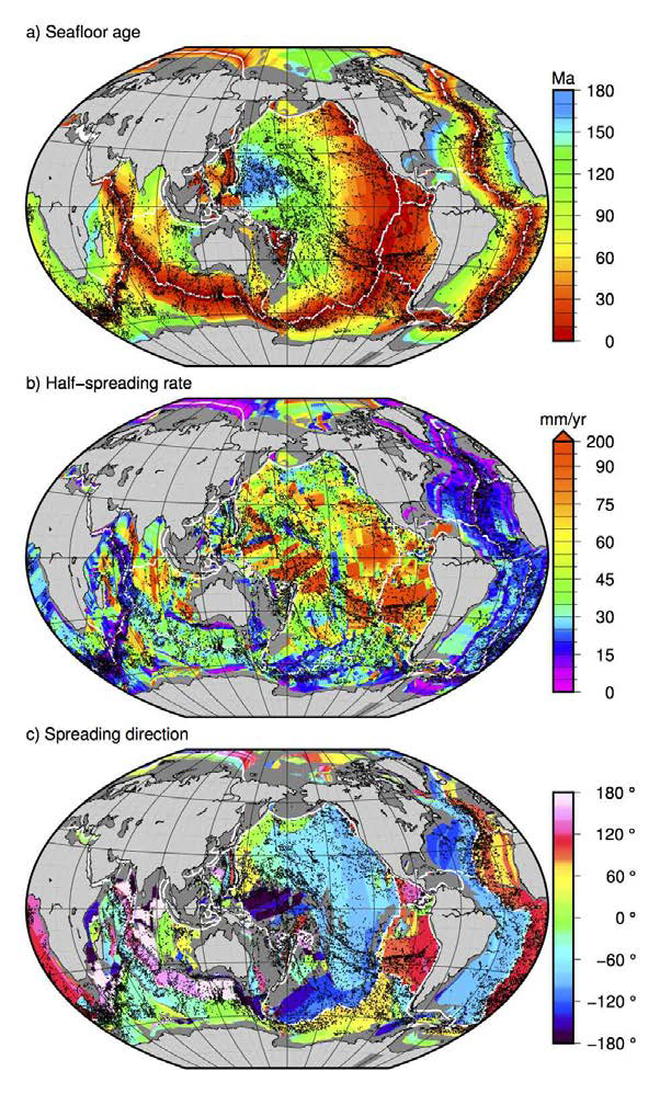 해저화산의 전 세계 공간분포와 해양지각의 연대(a), 확장속도(b), 그리고 확장방향(c) 사이의 상관관계 연구