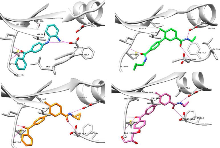 X ray structures of 1( Cyan, PDB Code: 3QUD) and 2 (green, and molecular docking model of 9a (yellow, PDB Code: 3ZYA), and 10 gP D(pBi nCk,o dPeD: B3 DC7oZd)e,: 3ZYA) with p38a MAPK, which were visualized using Chimera 1.10 (UCSF Chimera).