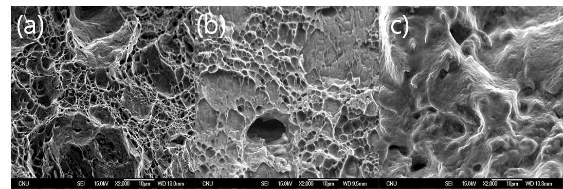 (a) RT, (b) 300℃, (c) 600℃에서 인장실험 후, 파단면 관찰 결과
