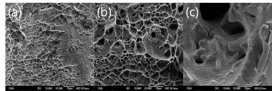 (a) RT, (b) 300℃, (c) 600℃에서 인장실험 후, 파단면 관찰 결과